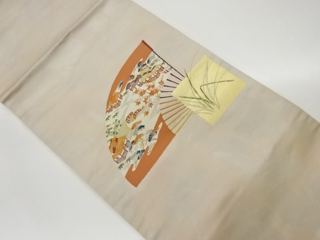 リサイクル　扇・色紙に草木・民家風景模様織出し名古屋帯